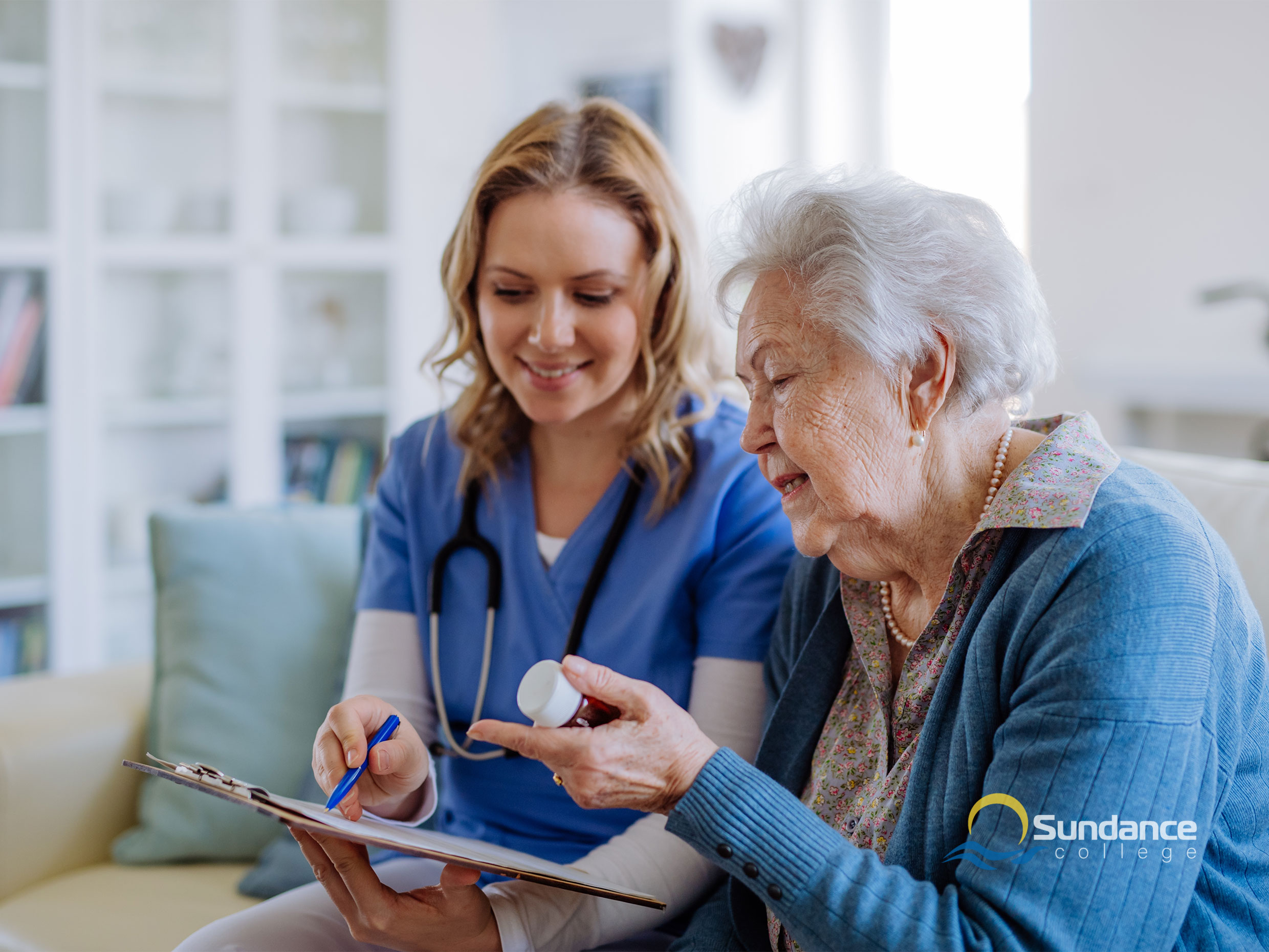 A care aide helping patient understand their medication schedule